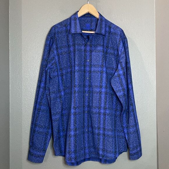 Bugatchi Uomo Dark Blue Medium Blue Plaid Paisley Print Button Down Dress Shirt - Picture 15 of 15